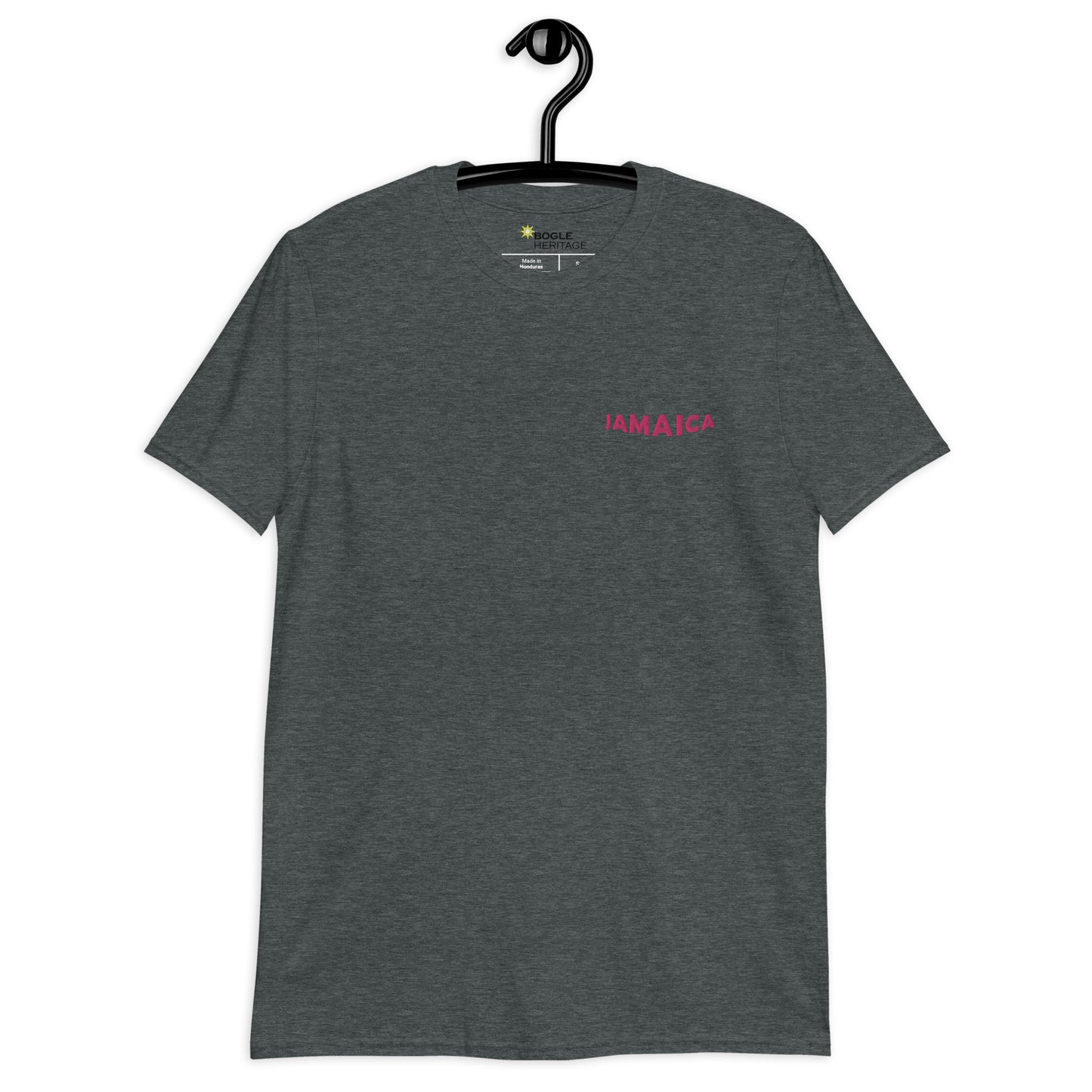 A classic souvenir T shirt with JAmaica embroidered in pink. BOgle Heritage Jamaica Clothing and souvenir.